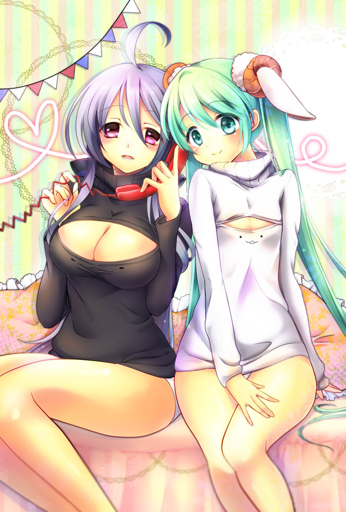 ahoge animal_ears breasts cleavage commentary corded_phone flat_chest green_eyes green_hair hatsune_miku long_hair looking_at_viewer maronie. meme_attire multiple_girls no_pants open-chest_sweater phone pink_eyes purple_hair sheep_ears sitting smile striped striped_background sweater twintails vertical-striped_background vertical_stripes very_long_hair vocaloid voyakiloid yowane_haku