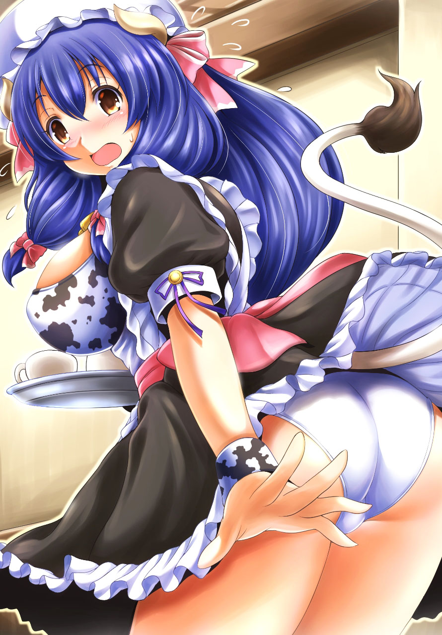 animal_ears ass bell blue_hair blush bow breasts cow_ears cow_girl cow_horns cow_tail dress hair_bow highres horns kittan_(cve27426) large_breasts long_hair maid original panties solo sweat tail underwear