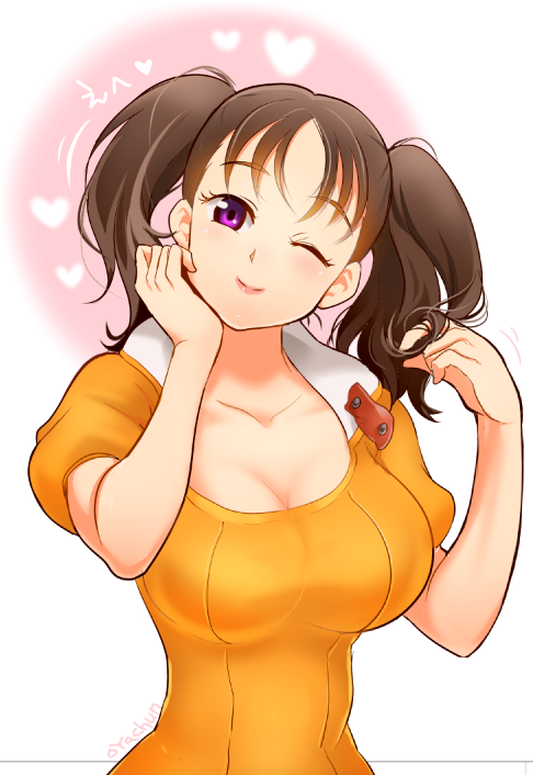 bangs blush breasts cleavage collarbone diane_(nanatsu_no_taizai) grey_hair hair_twirling hand_on_own_face head_tilt heart hips large_breasts leotard light_smile lips looking_at_viewer nanatsu_no_taizai one_eye_closed orange_leotard parted_bangs puffy_short_sleeves puffy_sleeves purple_eyes rarako short_hair short_sleeves short_twintails signature smile solo twintails upper_body