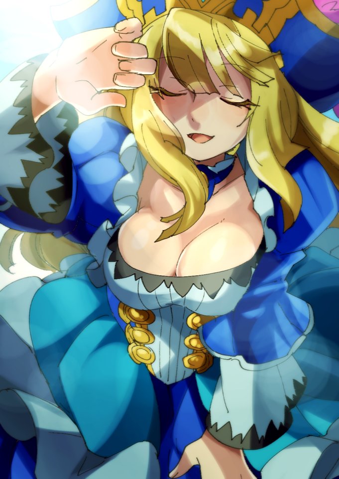 awilda_(p&amp;d) bad_id bad_pixiv_id blonde_hair blue_dress breasts cleavage closed_eyes collarbone dress feathers frills hat hat_feather large_breasts long_hair long_sleeves open_mouth pirate_hat puffy_long_sleeves puffy_sleeves puzzle_&amp;_dragons smile solo yamanashi_taiki