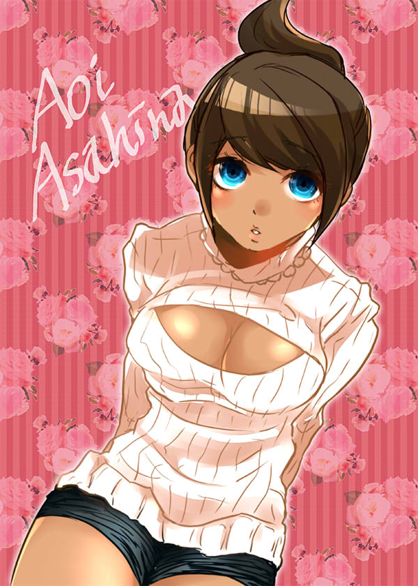 asahina_aoi bangs blue_eyes breasts brown_hair character_name cleavage cleavage_cutout danganronpa danganronpa_1 dark_skin floral_background fly_(cecilia_roy) jpeg_artifacts large_breasts looking_at_viewer meme_attire open-chest_sweater ponytail short_hair shorts solo sweater swept_bangs