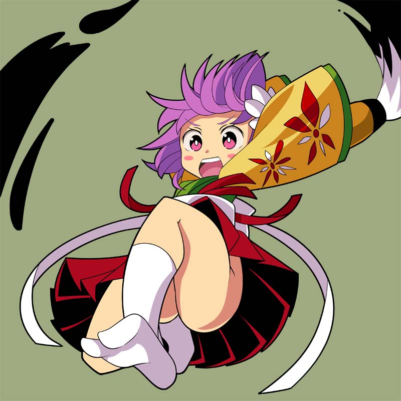 :d bad_id bad_pixiv_id blush_stickers calligraphy_brush feet from_below hieda_no_akyuu japanese_clothes jumping kimono legs looking_at_viewer no_panties obi oimo_(imoyoukan) open_mouth paintbrush purple_eyes purple_hair sash short_hair smile socks solo touhou upskirt v-shaped_eyebrows