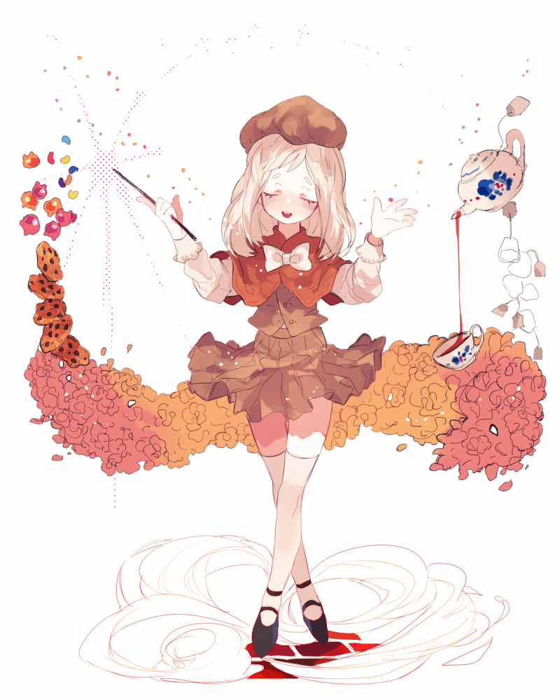 bad_id bad_pixiv_id black_tea blonde_hair blush brown_skirt candy capelet chocolate_chip_cookie closed_eyes cookie cookie_run cream_puff_cookie crossed_legs cup food hat jelly_bean long_hair long_sleeves lunch_(lunchicken) pavement personification pleated_skirt pouring skirt smile solo tea teabag teacup teapot thighhighs wand white_background white_legwear