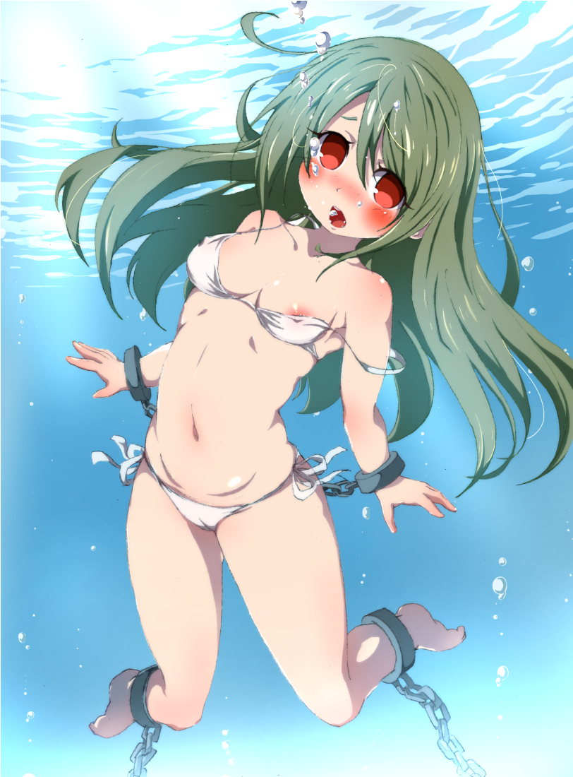 air_bubble areolae asphyxiation bdsm bikini blush bondage bound breasts bubble chain chidori_(wakakusachidori) cuffs drowning empty_eyes green_hair long_hair looking_at_viewer navel open_mouth original peril red_eyes shackles small_breasts solo submerged swimsuit underwater