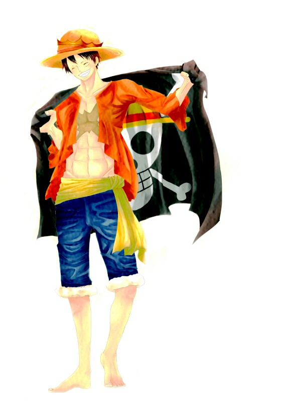 1boy crown flag hat male male_focus monkey_d_luffy one_piece open_shirt pirate pirate_flag red_shirt scar shirt smile solo standing straw_hat