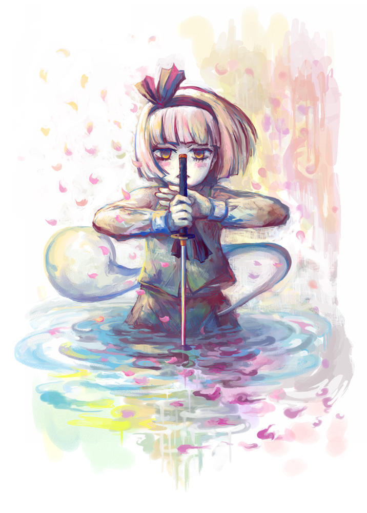 bangs black_hairband blunt_bangs bob_cut cherry_blossoms faux_traditional_media hairband hatoya_hato hitodama katana konpaku_youmu konpaku_youmu_(ghost) orange_eyes petals short_hair solo sword touhou wading water weapon white_hair