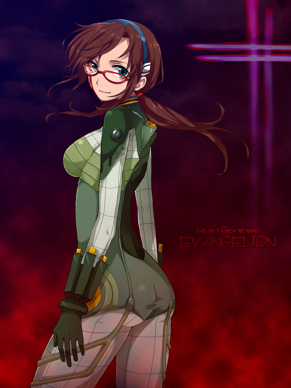 aqua_eyes arms_at_sides ass bad_id bad_pixiv_id bangs blood blood_on_face bodysuit bracer breasts broken_eyewear brown_hair copyright_name cowboy_shot dimples_of_venus floating_hair from_side glasses gloves green_bodysuit hattori_masaki highres large_breasts light_smile long_hair looking_at_viewer looking_back low_twintails makinami_mari_illustrious neon_genesis_evangelion parted_bangs pilot_suit plugsuit rebuild_of_evangelion red-framed_eyewear scrunchie smile solo taut_clothes turtleneck twintails