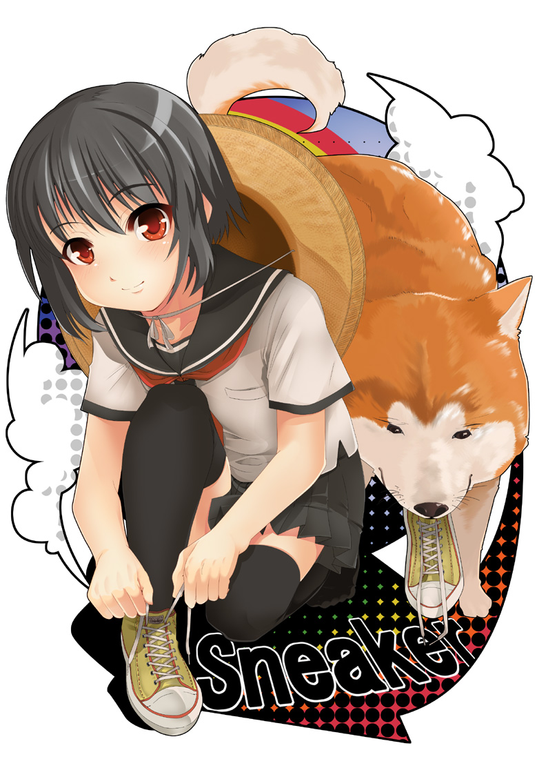aasara bad_id bad_pixiv_id black_hair blush copyright_request dog hat red_eyes school_uniform shoes short_hair single_shoe skirt smile sneakers solo straw_hat thighhighs zettai_ryouiki