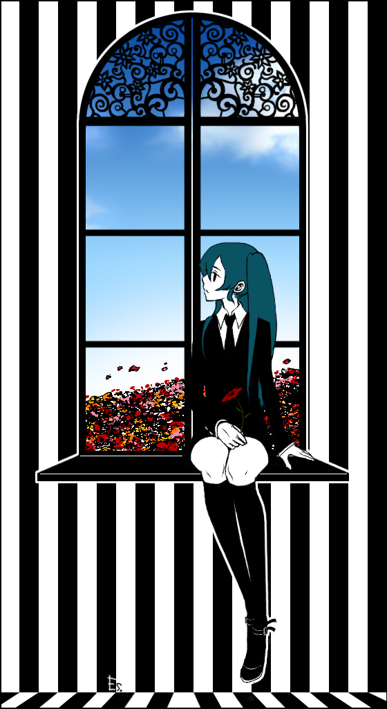aqua_hair arm_at_side bangs black_footwear black_jacket black_legwear black_neckwear collared_shirt es. flower foot_dangle formal hand_on_lap hatsune_miku indoors jacket kneehighs long_hair long_sleeves looking_away looking_to_the_side necktie profile saihate_(vocaloid) shirt shoes signature sitting sitting_in_window solo striped twintails vertical_stripes vocaloid white_shirt window