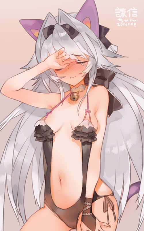 animal_ears bare_shoulders bell bell_choker black_swimsuit blush breasts choker closed_eyes covering_face cowboy_shot embarrassed fingerless_gloves gloves hair_intakes halterneck long_hair navel original sabakamen silver_hair simple_background single_glove small_breasts solo swimsuit tail very_long_hair