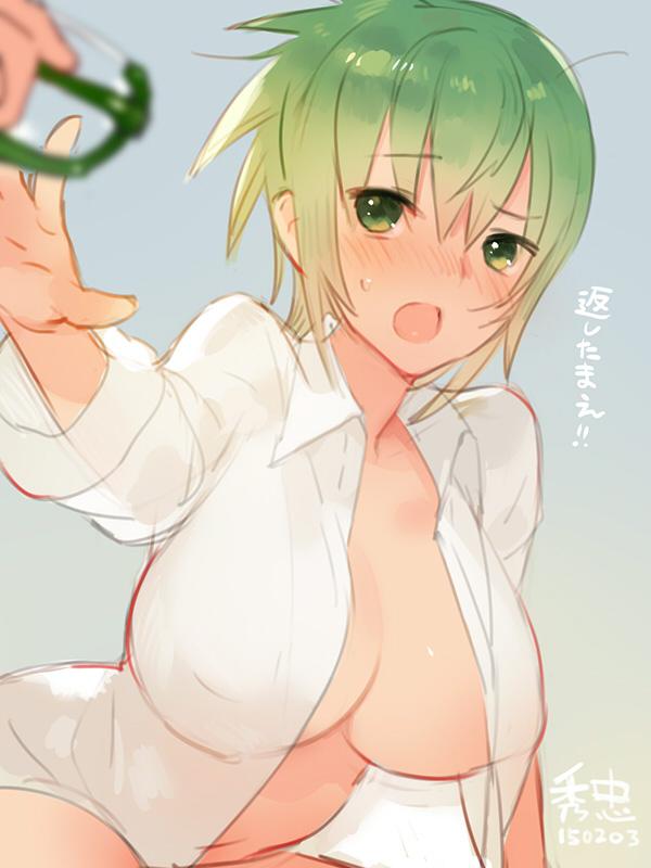 :o blurry blush breasts cleavage covered_nipples depth_of_field glasses gradient gradient_background green_eyes green_hair huge_breasts jpeg_artifacts leaning_forward naked_shirt navel open_clothes open_mouth open_shirt original outstretched_arm sabakamen shirt simple_background solo_focus sweatdrop