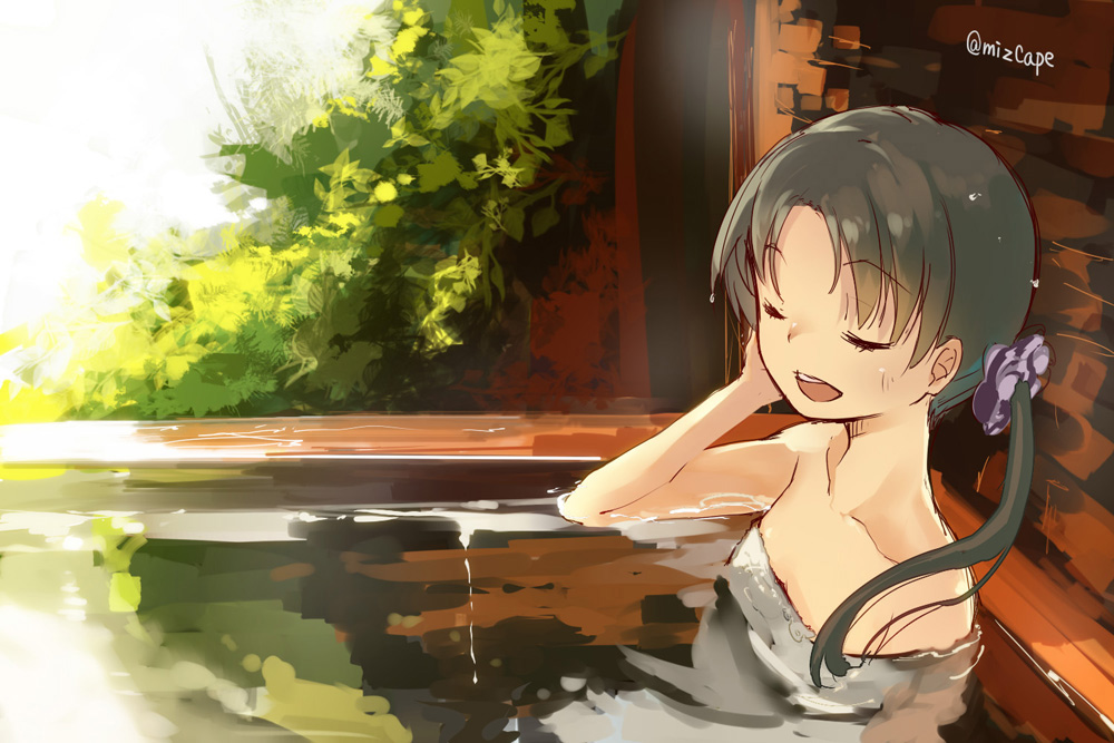 ayanami_(kantai_collection) bath black_hair chig closed_eyes hair_ornament hand_on_own_head kantai_collection onsen open_mouth side_ponytail solo twitter_username
