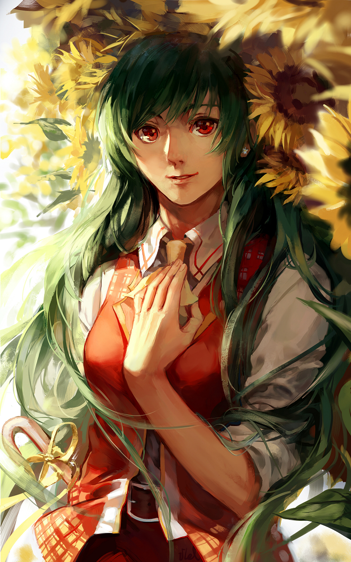 ascot bad_id bad_pixiv_id belt earrings fancybetty flower green_hair hand_on_own_chest jewelry kazami_yuuka kazami_yuuka_(pc-98) light_smile long_hair looking_at_viewer open_clothes open_vest red_eyes shirt skirt skirt_set smile solo sunflower touhou touhou_(pc-98) very_long_hair vest