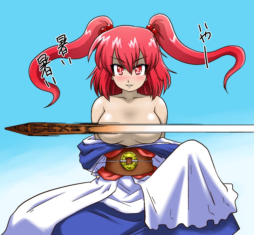 blue_background blush breasts convenient_censoring gradient gradient_background hair_bobbles hair_ornament iwatobi_hiro medium_breasts onozuka_komachi red_eyes red_hair rod_of_remorse solo topless touhou two_side_up