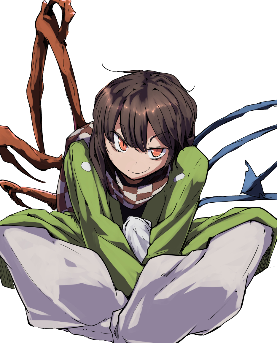 alternate_costume asymmetrical_clothes brown_hair commentary cosplay daitoutei futatsuiwa_mamizou futatsuiwa_mamizou_(cosplay) houjuu_nue indian_style looking_at_viewer pants red_eyes scarf shirt sitting smile smirk solo touhou v_arms