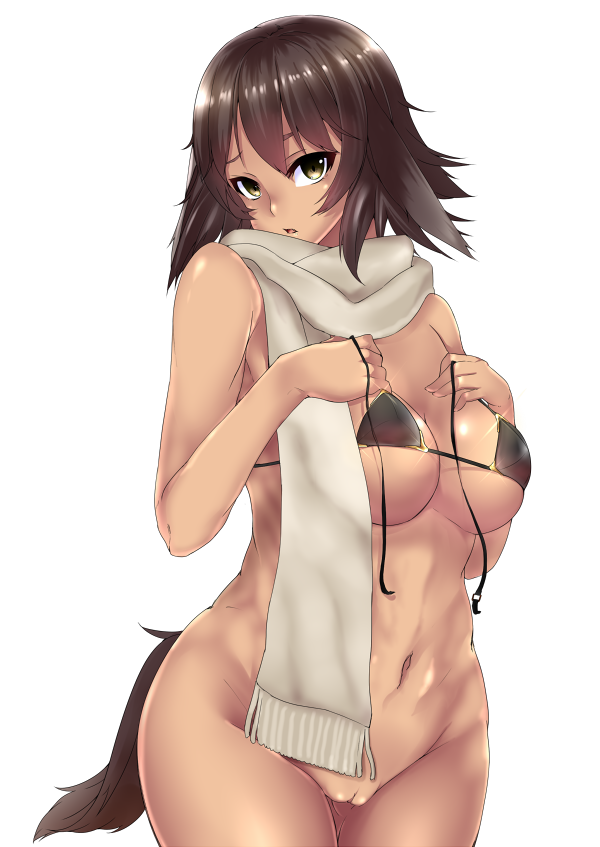 animal_ears bad_id bad_pixiv_id bottomless breasts brown_eyes brown_hair dog_ears dog_tail huge_breasts looking_at_viewer original pussy scarf solo tail uncensored unko_samurai