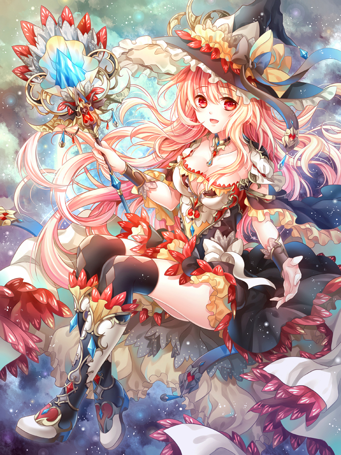 breasts hat jewelry large_breasts long_hair looking_at_viewer magical_girl necklace open_mouth orange_hair original red_eyes sitting solo thighhighs very_long_hair wand witch_hat