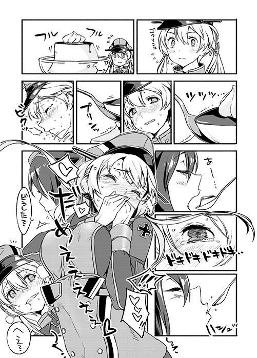 blush bouncing_breasts breasts comic covering_mouth drooling eating flying_sweatdrops food foodgasm greyscale hat heart kantai_collection medium_breasts military military_hat military_uniform monochrome multiple_girls nagato_(kantai_collection) nonco parody prinz_eugen_(kantai_collection) pudding source_request spoken_heart spoon tears translated trembling twintails uniform