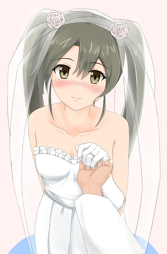 bare_shoulders blush bridal_veil brown_eyes dress flower gloves grey_hair hair_flower hair_ornament holding_hands jewelry kantai_collection looking_at_viewer nuppunuppu out_of_frame pov pov_hands ring smile solo_focus strapless strapless_dress veil wedding_band wedding_dress white_dress white_gloves zuikaku_(kantai_collection)