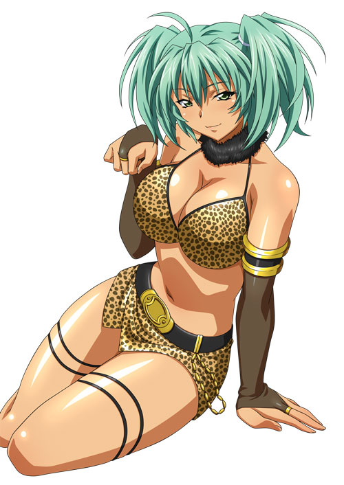 1girl breasts cleavage dark_skin green_eyes green_hair ikkitousen large_breasts long_hair ryofu_housen smile solo