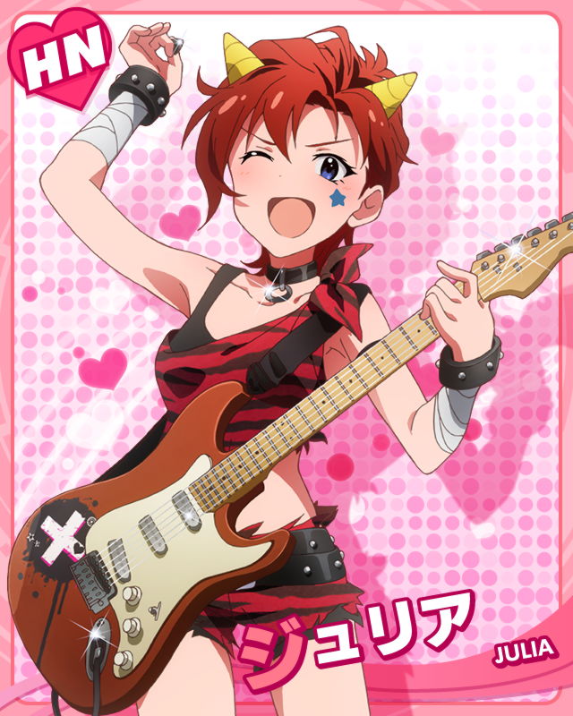 ;d arm_up armpits bandages blue_eyes bracelet card_(medium) character_name choker electric_guitar fake_horns guitar horns idolmaster idolmaster_million_live! instrument jewelry julia_(idolmaster) looking_at_viewer official_art one_eye_closed oni_horns open_mouth plectrum red_hair short_hair smile solo v-shaped_eyebrows