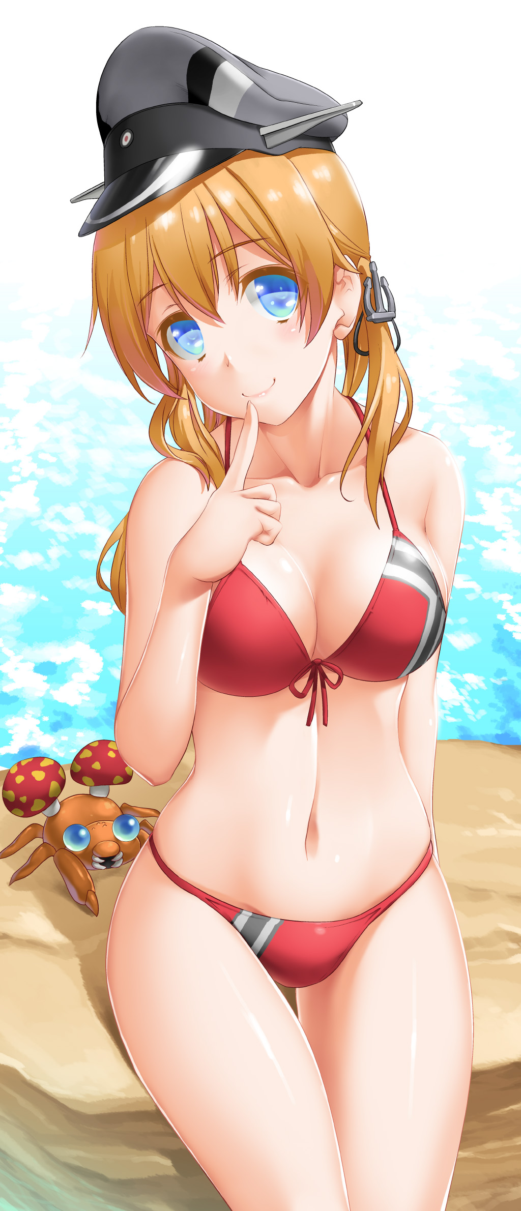 anchor_hair_ornament bikini blonde_hair blue_eyes breasts byeontae_jagga cleavage collarbone crab crossover gen_1_pokemon hair_ornament hat highres kantai_collection large_breasts mushroom navel paras pokemon pokemon_(creature) prinz_eugen_(kantai_collection) red_bikini sailor_hat skindentation smile solo swimsuit