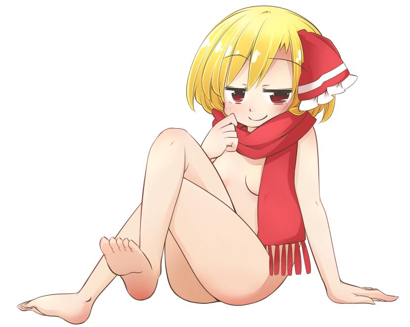 arm_support blonde_hair breasts crossed_legs error hair_ribbon jagabutter naked_scarf naughty_face red_eyes ribbon rumia scarf short_hair simple_background sitting small_breasts smile solo touhou white_background