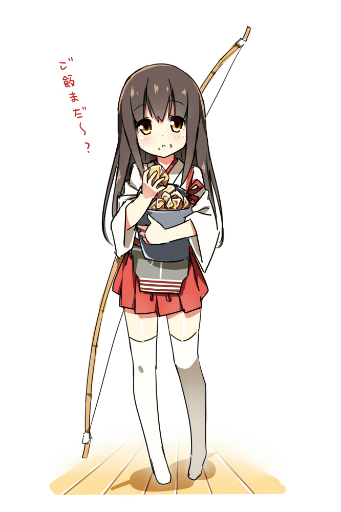 akagi_(kantai_collection) bauxite blush bow_(weapon) brown_eyes brown_hair bucket hakama_skirt hatsunatsu japanese_clothes kantai_collection long_hair looking_at_viewer muneate no_shoes pleated_skirt red_background simple_background skirt solo standing tasuki thighhighs translated weapon white_background white_legwear younger