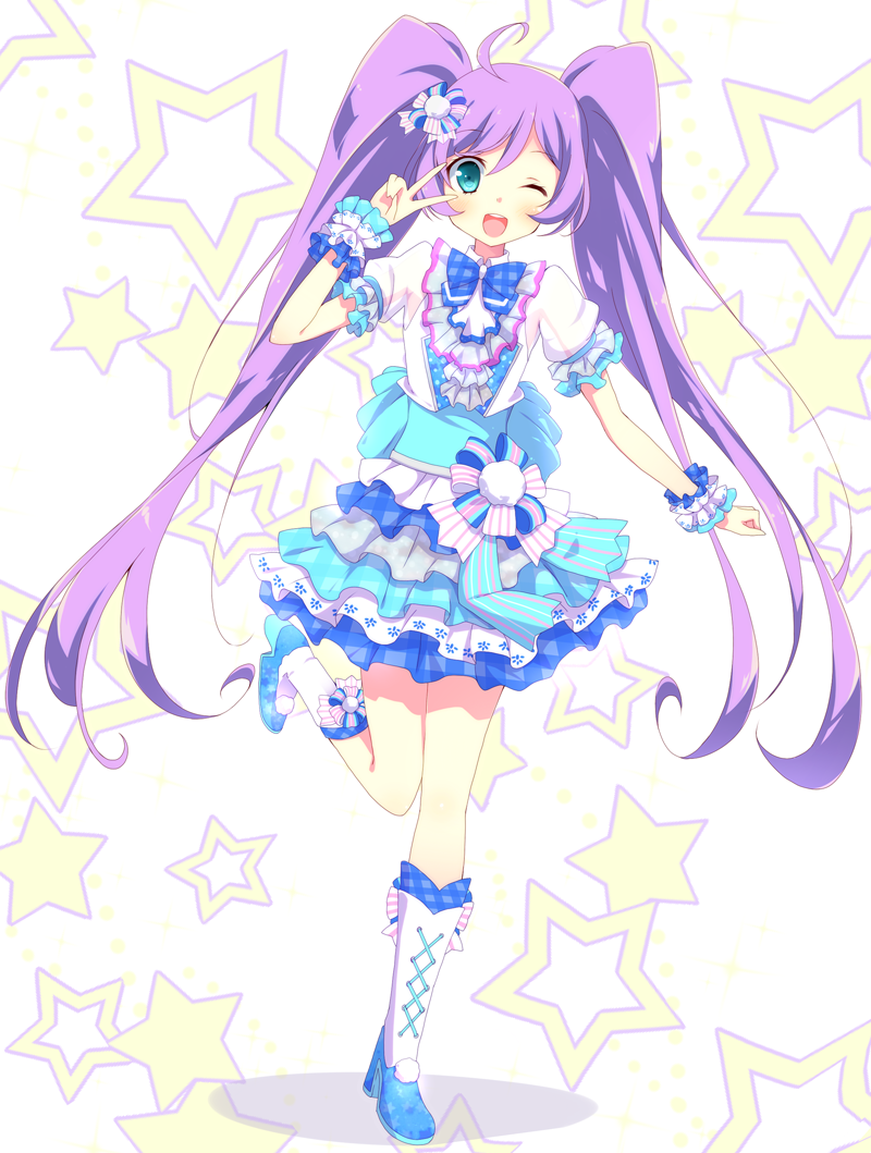 ahoge aqua_eyes boots cross-laced_footwear dress hair_ornament kurono_yuzuko long_hair magical_girl manaka_lala multicolored multicolored_clothes multicolored_dress one_eye_closed open_mouth pretty_(series) pripara puffy_short_sleeves puffy_sleeves purple_hair short_sleeves smile solo standing standing_on_one_leg star twintails v very_long_hair wrist_cuffs