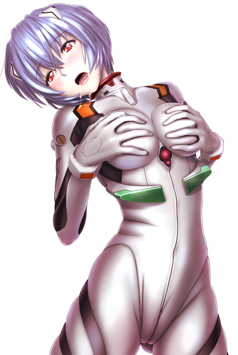 :o akahige arched_back ayanami_rei bangs blue_hair blush bodysuit bracer breasts cowboy_shot drooling gloves hair_between_eyes headgear highres looking_at_viewer medium_breasts neon_genesis_evangelion open_mouth pilot_suit plugsuit red_eyes saliva self_fondle short_hair simple_background solo tears turtleneck white_background white_bodysuit