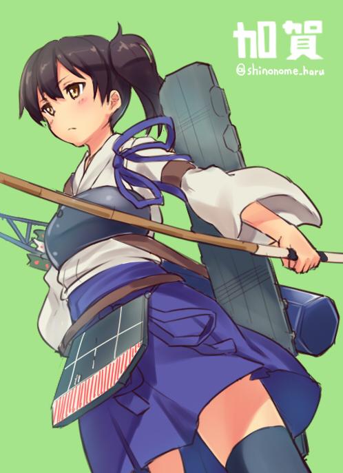 arrow blue_hakama bow_(weapon) brown_eyes brown_hair character_name flight_deck green_background hakama japanese_clothes kaga_(kantai_collection) kantai_collection muneate quiver shinonome_haru short_sidetail solo thighhighs twitter_username weapon