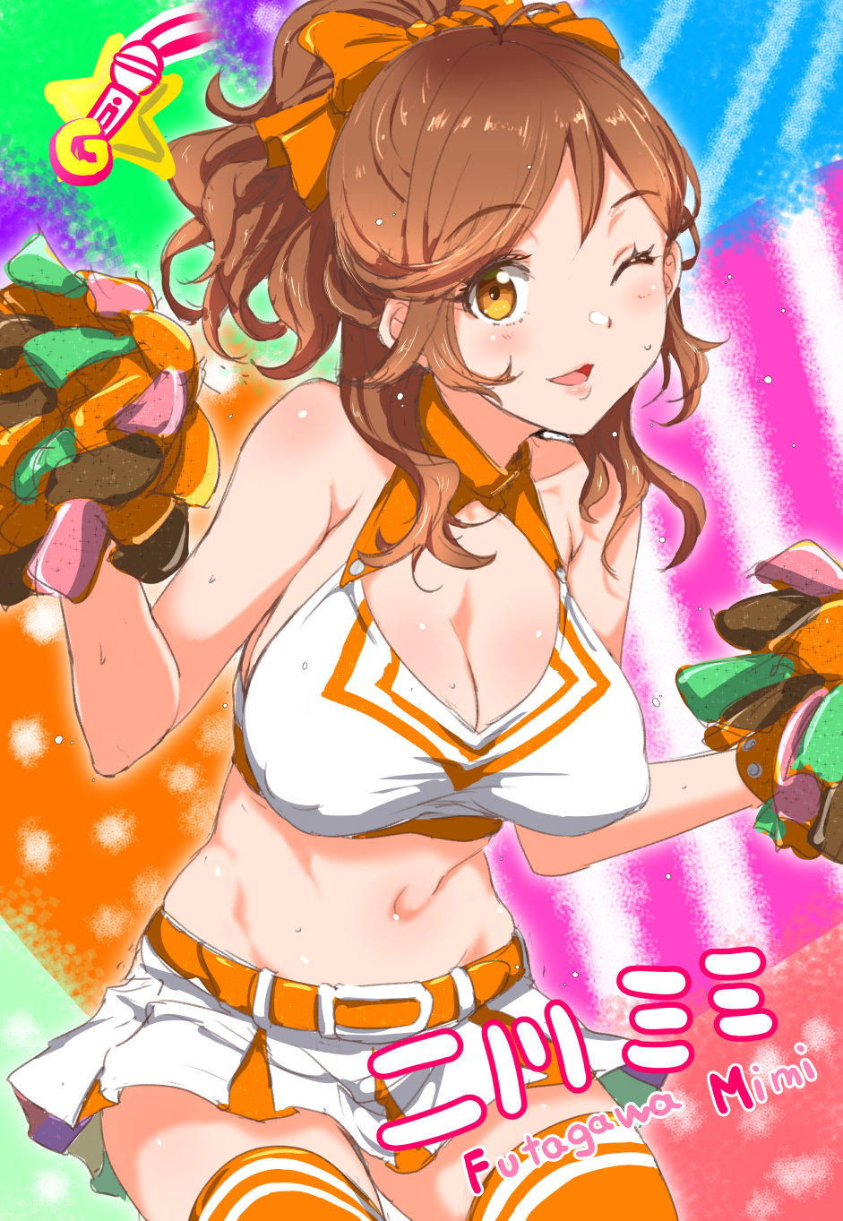 belt blush bow breasts brown_eyes brown_hair card_(medium) card_parody cheerleader clearite cleavage cleavage_cutout cocoro_magical covered_nipples crop_top futagawa_mimi hair_bow highres large_breasts looking_at_viewer midriff navel one_eye_closed open_mouth pom_poms ponytail shirt short_hair skirt smile solo sweat taut_clothes taut_shirt tokyo_7th_sisters