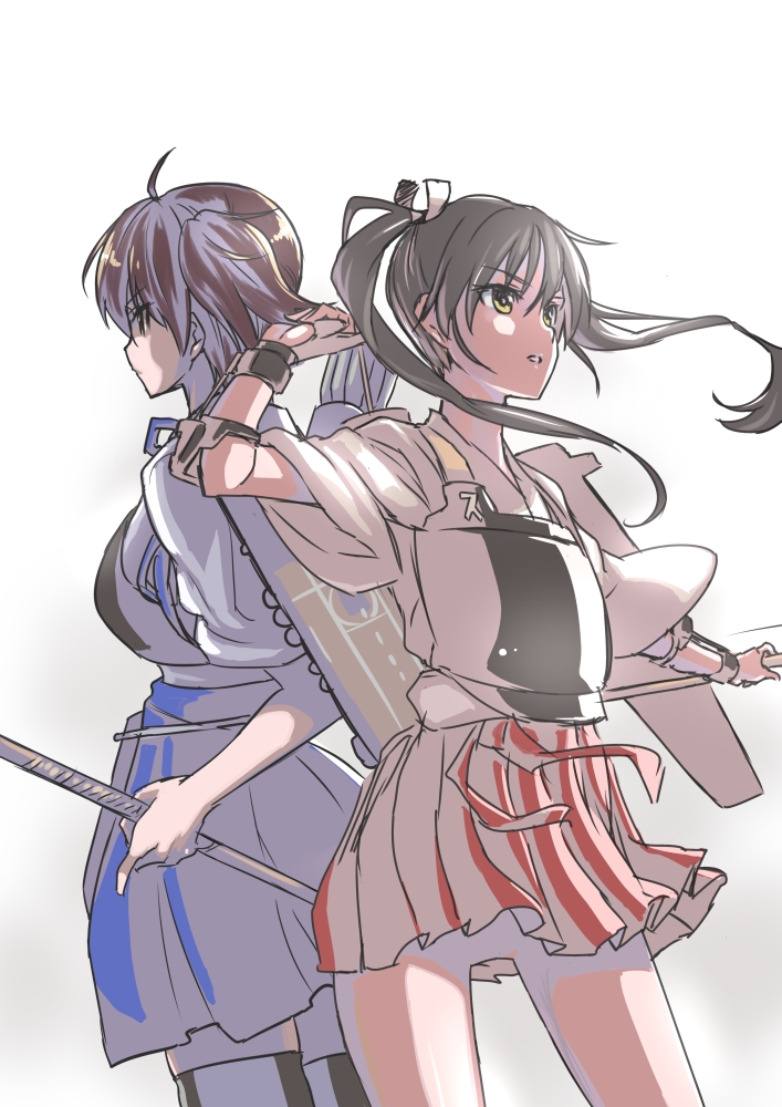 arrow back-to-back bow_(weapon) brown_hair green_hair japanese_clothes kaga_(kantai_collection) kantai_collection makishima_azusa multiple_girls muneate side_ponytail skirt thighhighs twintails weapon zettai_ryouiki zuikaku_(kantai_collection)