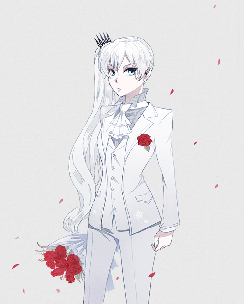 blue_eyes boutonniere flower formal kuma_(bloodycolor) long_hair petals ponytail red_flower red_rose rose rwby scar scar_across_eye solo suit tuxedo very_long_hair weiss_schnee white_hair
