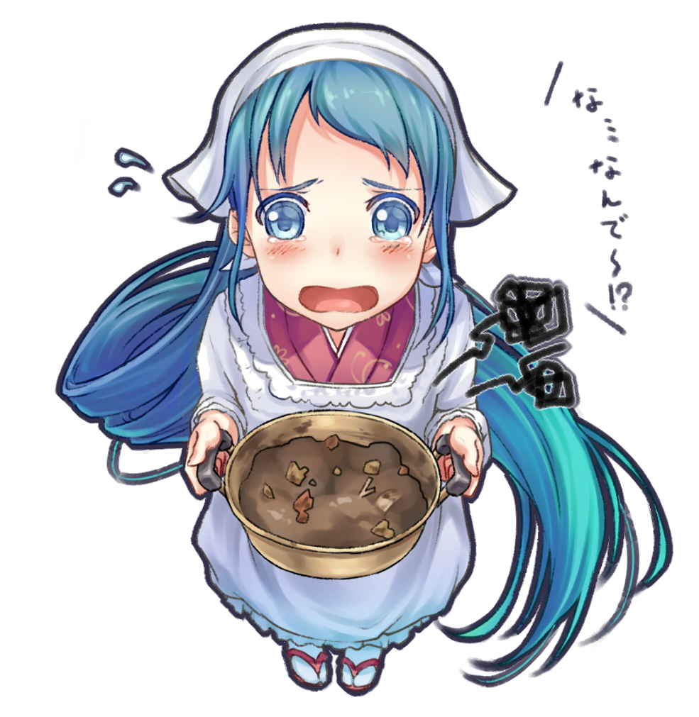 alternate_costume blue_eyes blue_hair curry flying_sweatdrops food gradient_hair head_scarf housewife kantai_collection kappougi ladle long_hair looking_at_viewer multicolored_hair open_mouth samidare_(kantai_collection) shinonome_haru solo tears tenugui translated very_long_hair white_background