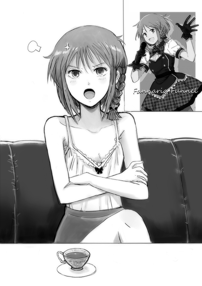 1girl :o anger_vein blush braid breasts cleavage collarbone crossed_arms cup elpeo_puru gacha-m greyscale gundam gundam_zz indoors legs_crossed looking_at_viewer miniskirt monochrome shiny shiny_hair shirt short_hair sitting skirt sleeveless sleeveless_shirt small_breasts solo teacup v-shaped_eyebrows