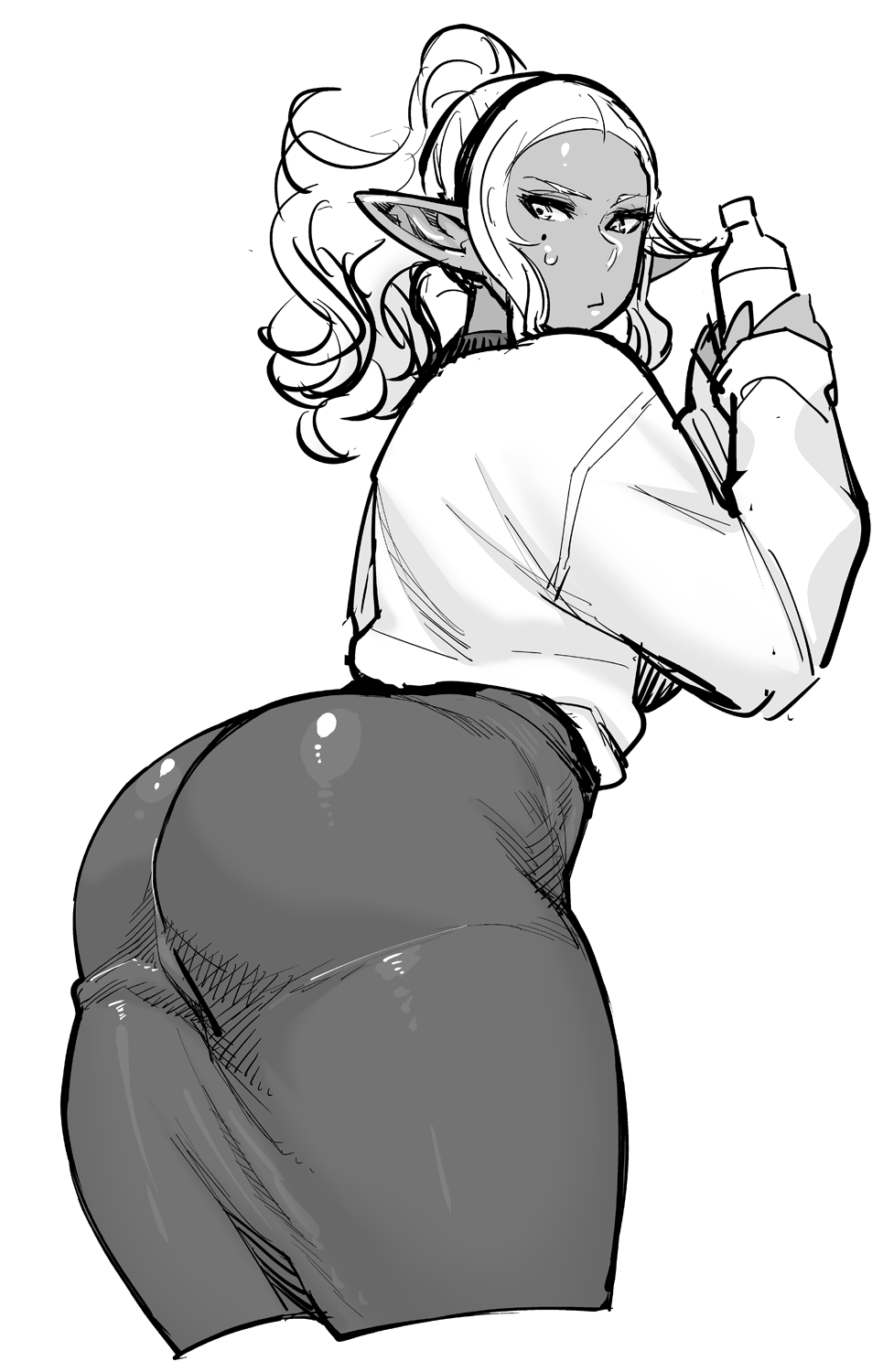 1girl arched_back ass dark_skin elf-san_wa_yaserarenai. hairband highres hips huge_ass kuroeda-san leaning_forward long_hair looking_at_viewer mole mole_under_eye monochrome pointy_ears simple_background sketch skirt solo sweatdrop sweater synecdoche thick_thighs thighs white_background wide_hips
