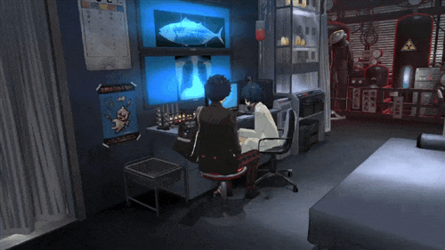 1boy 1girl animated animated_gif dress high_heels labcoat persona persona_5 protagonist_(persona_5) short_hair takemi_tae x-ray