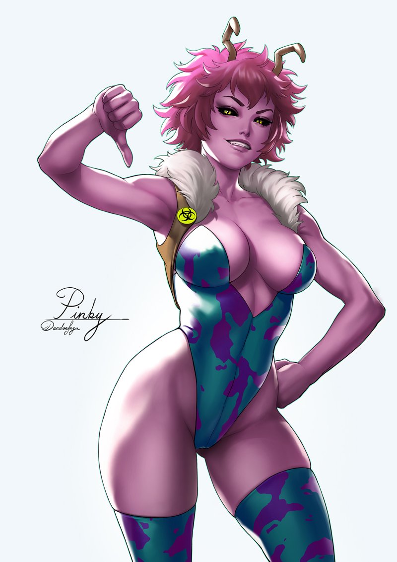 1girl ashido_mina black_sclera boku_no_hero_academia breasts character_name cleavage cropped_jacket dandon_fuga fur_trim grin horns large_breasts looking_at_viewer pink_hair pink_skin short_hair signature simple_background smile solo standing thighhighs thumbs_down white_background yellow_eyes