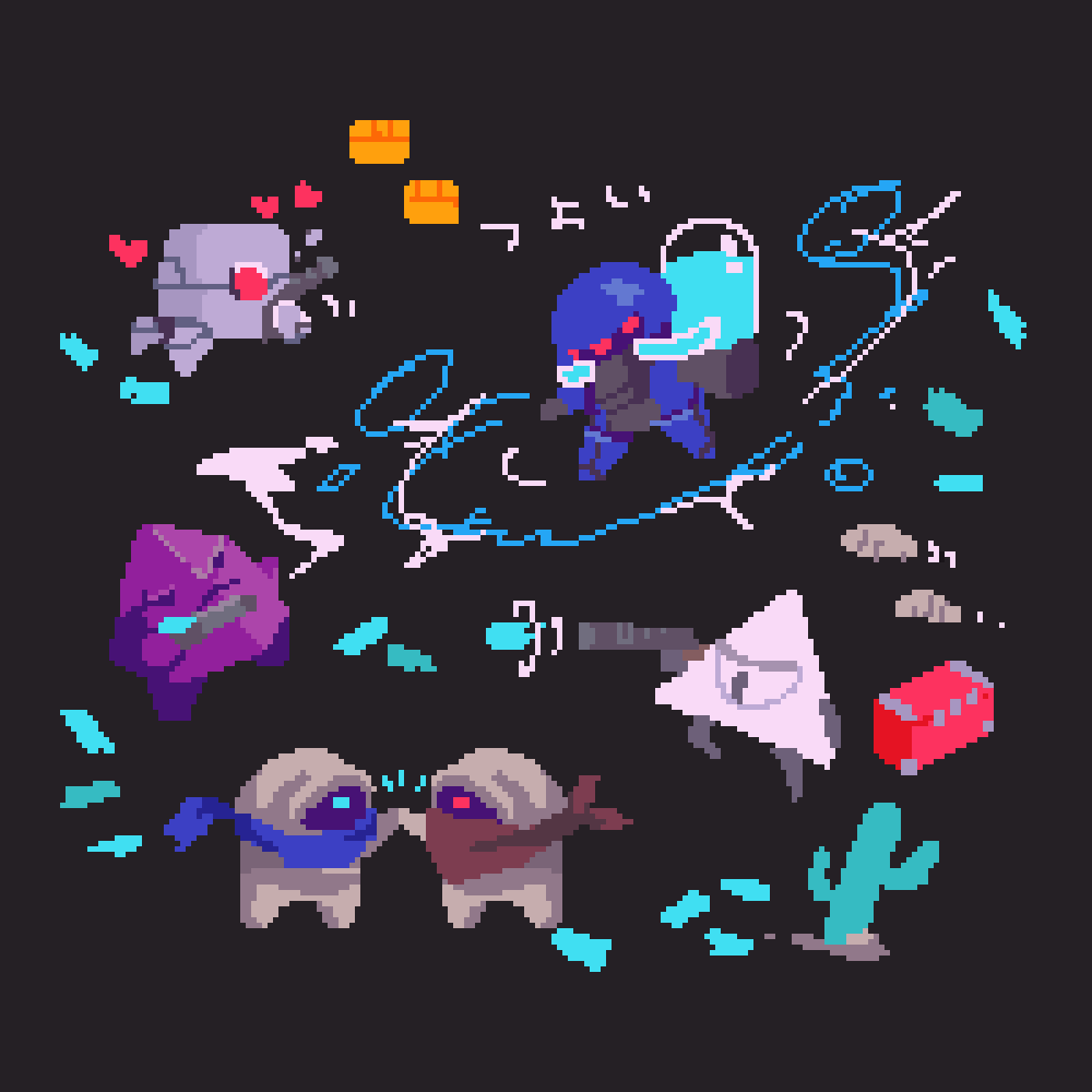 bad_twitter_id bandages bandit_(nuclear_throne) black_background blue_eyes blue_scarf cactus commentary crystal_(nuclear_throne) cyclops extra_eyes gun heart helmet high_five jetpack lil_hunter maggot maggot_(nuclear_throne) nemk nuclear_throne one-eyed pixel_art rebel_(nuclear_throne) red_eyes robot_(nuclear_throne) saguaro scarf weapon yung_venuz