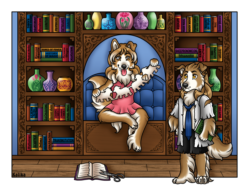 book canine collie dog duo kalika-tybera library mammal paper_dolls scissors vase