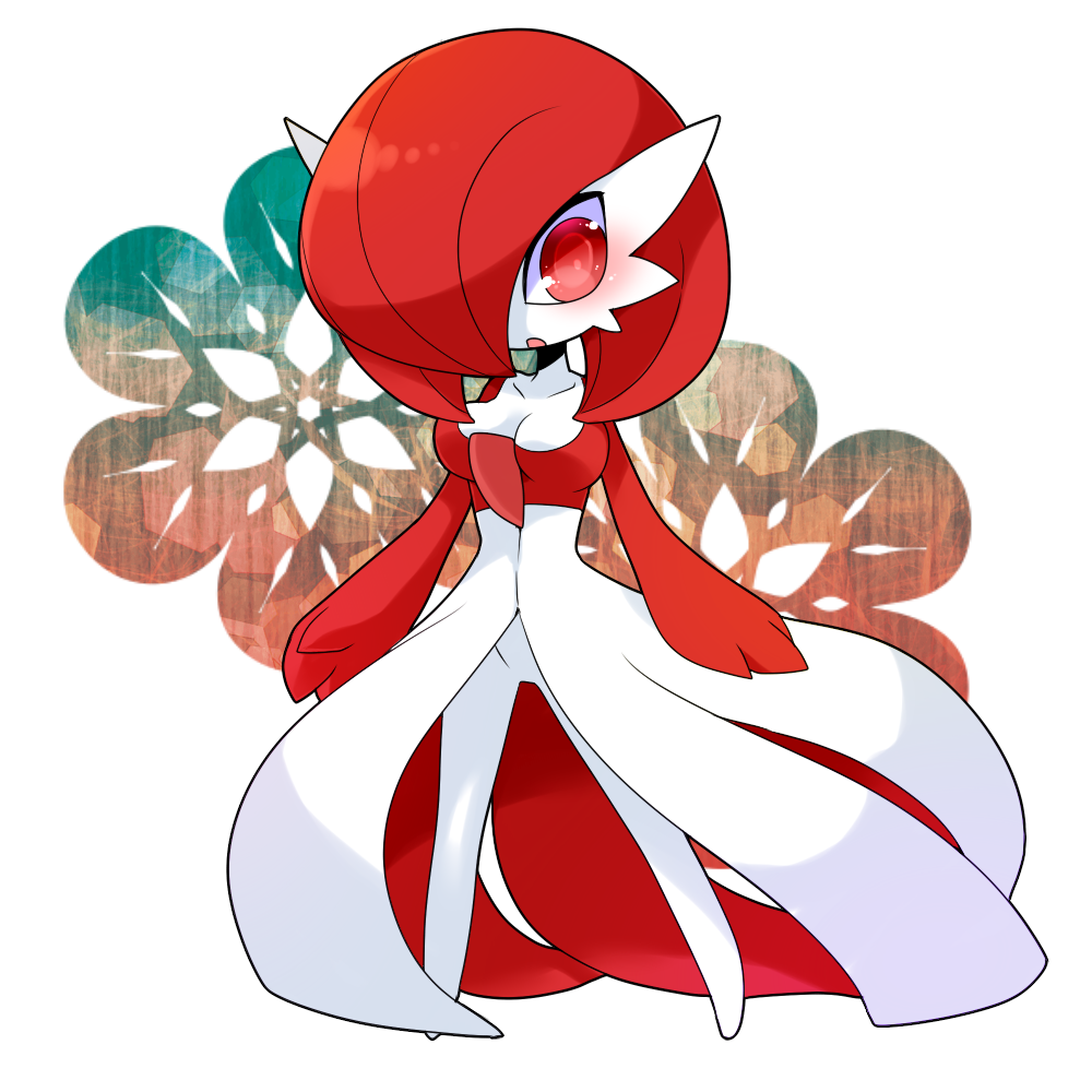 1girl alternate_color artist_request blush breasts cleavage female gardevoir hair_over_one_eye lemoco99 no_humans pokemon pokken_tournament red_eyes red_hair short_hair solo