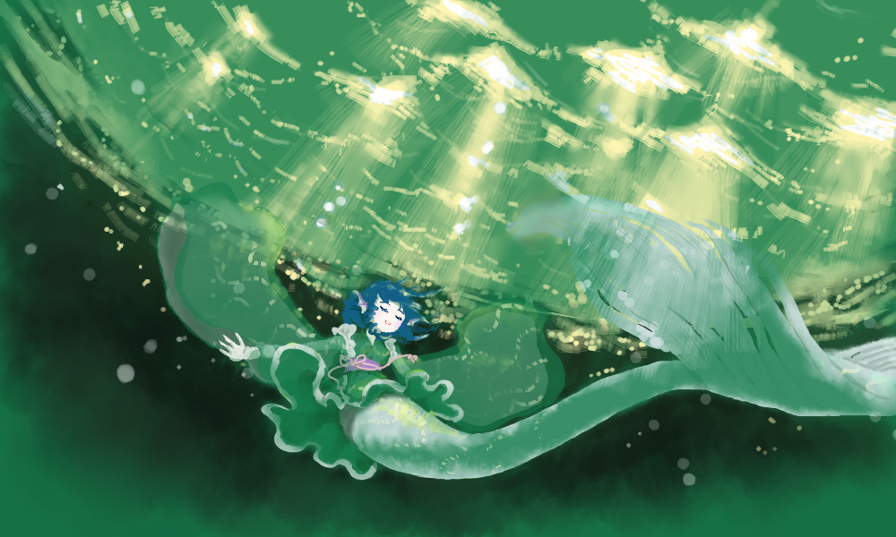 blue_hair bubble closed_eyes commentary dress green_dress head_fins japanese_clothes kimono light_rays mermaid monster_girl obi quanyan sash scenery smile solo submerged touhou underwater wakasagihime wide_shot