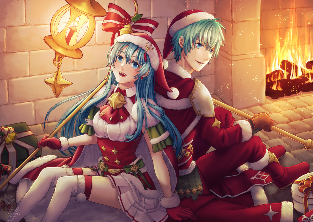 1boy 1girl :d arm_support ascot back-to-back blue_eyes blue_hair boots bow box brother_and_sister brown_gloves corset eirika ephraim fire fire_emblem fire_emblem:_seima_no_kouseki floating_hair fur-trimmed_gloves fur-trimmed_hat fur-trimmed_sleeves fur_trim gift gift_box gloves green_bow green_hair hair_between_eyes hat holding holding_staff kai-yan long_hair long_sleeves looking_at_viewer miniskirt nintendo open_mouth pants pleated_skirt red_bow red_footwear red_gloves red_hat red_neckwear red_pants red_shirt santa_boots santa_costume santa_gloves santa_hat shirt short_sleeves shoulder_armor siblings skirt smile staff striped striped_bow thighhighs very_long_hair white_legwear white_shirt white_skirt zettai_ryouiki