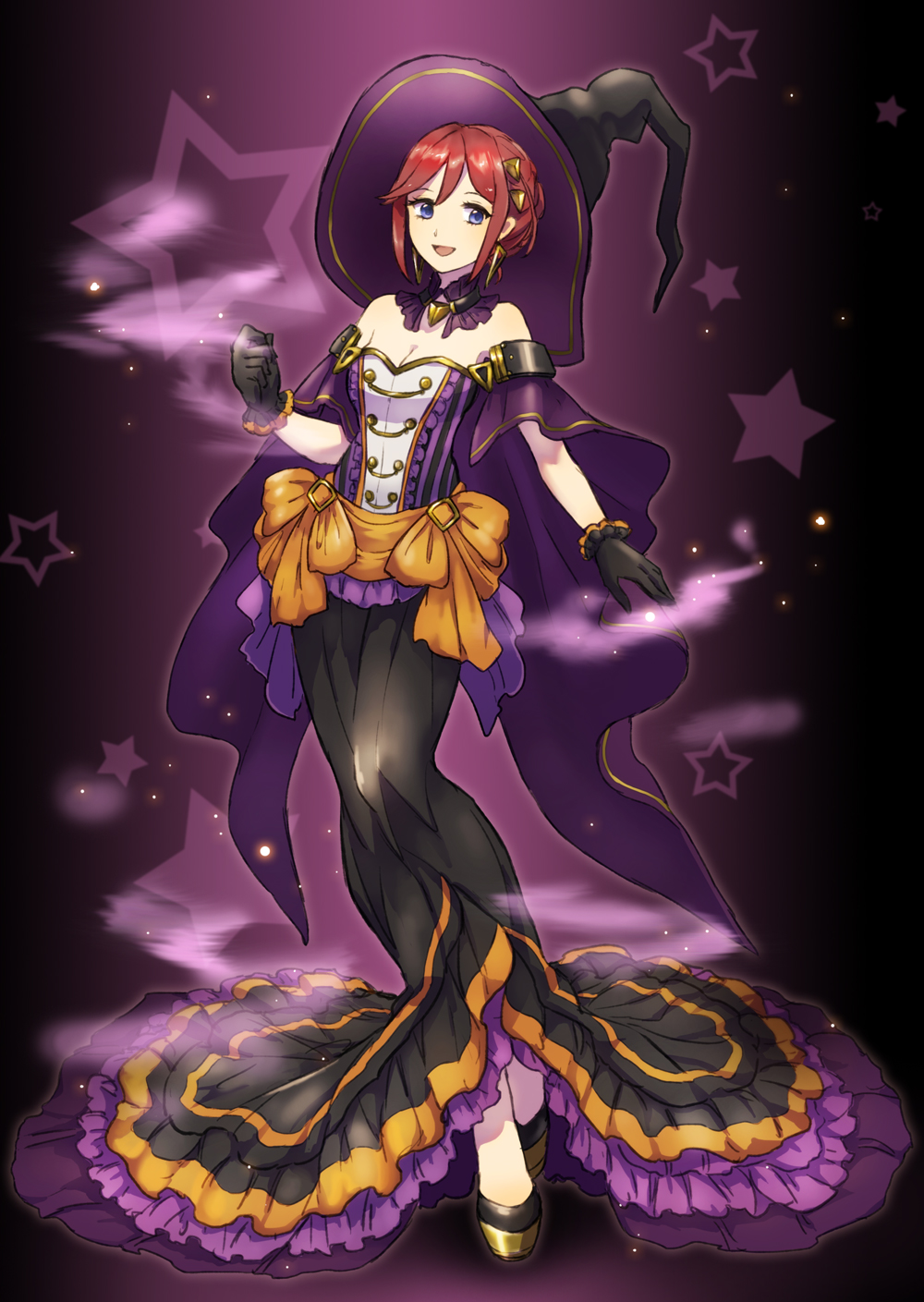 1girl :d azu_deltachan black_gloves black_hat black_skirt blue_eyes breasts cape choker cleavage full_body gloves hair_ornament halloween_costume hat highres kaname_buccaneer long_skirt looking_at_viewer macross macross_delta open_mouth purple_cape red_hair short_hair sidelocks skirt smile solo standing star strapless witch witch_hat