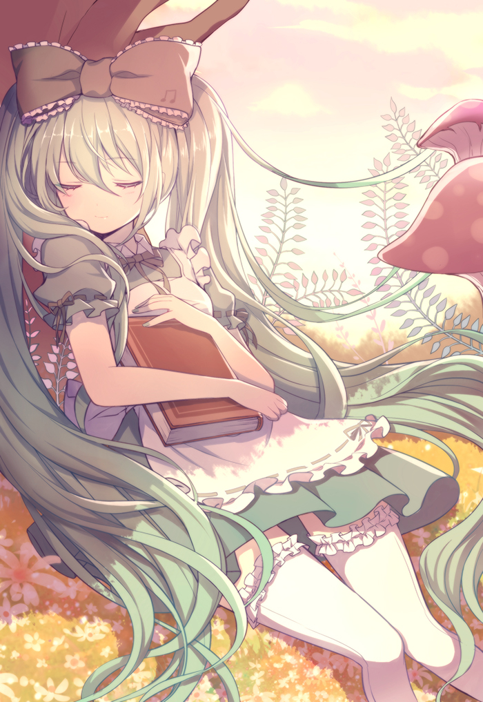 alice_in_musicland_(vocaloid) beamed_eighth_notes book bow closed_eyes dress flower green_hair hair_bow hatsune_miku ling_(sroin) long_hair mushroom musical_note musical_note_print sleeping solo thighhighs tree twintails very_long_hair vocaloid white_legwear