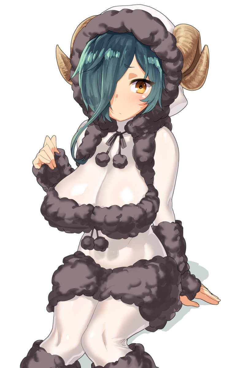 :/ animal_costume animal_hood aqua_hair bangs blush bodysuit breasts clenched_hand embarrassed fingerless_gloves fur_trim gloves hair_over_one_eye highres hood horns knees_together_feet_apart large_breasts looking_at_viewer pom_pom_(clothes) raised_eyebrows ribbon sengoku_collection shadow sheep_costume sheep_horns short_eyebrows simple_background sitting skin_tight solo sugitani_zenjubou_(sengoku_collection) tenchisouha turtleneck white_background yellow_eyes