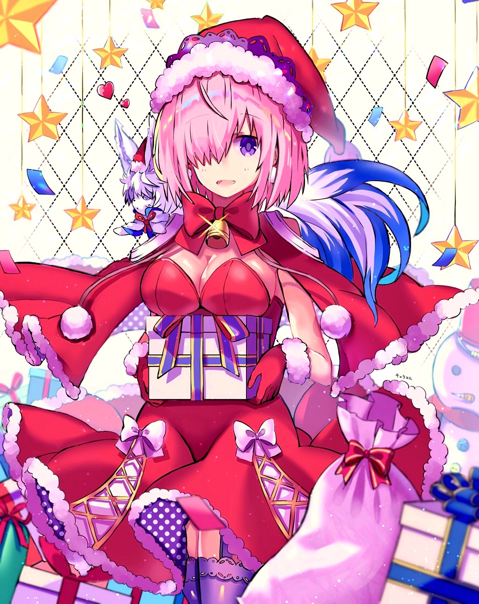 1girl animal animal_on_shoulder bow box breasts capelet cleavage cowboy_shot dress eyebrows_visible_through_hair fate/grand_order fate_(series) fou_(fate/grand_order) fur-trimmed_capelet fur-trimmed_dress fur-trimmed_gloves fur-trimmed_hat fur_trim garter_straps gloves hat highres holding holding_box kyarameru76 looking_at_viewer mash_kyrielight medium_breasts pink_hair purple_eyes purple_legwear red_capelet red_dress red_gloves red_hat santa_costume santa_gloves santa_hat short_dress short_hair sideboob sleeveless sleeveless_dress solo standing strapless strapless_dress thighhighs white_bow