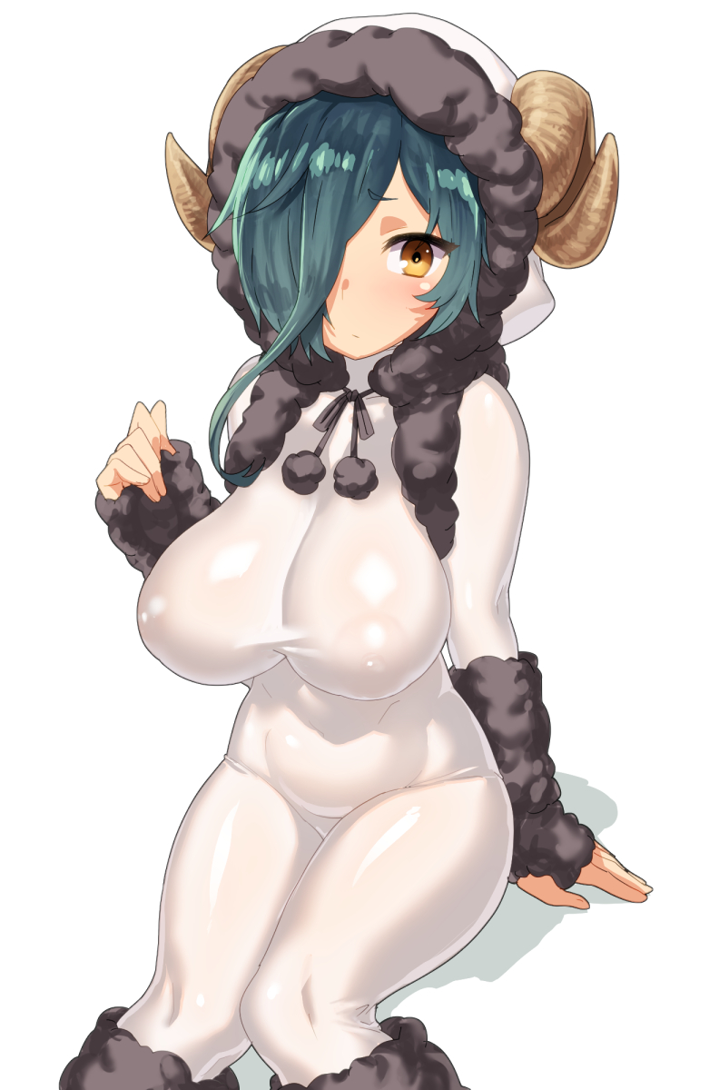 animal_costume blue_hair blush bodysuit breasts highres horns large_breasts looking_at_viewer sengoku_collection sheep_costume sheep_horns solo tenchisouha yellow_eyes