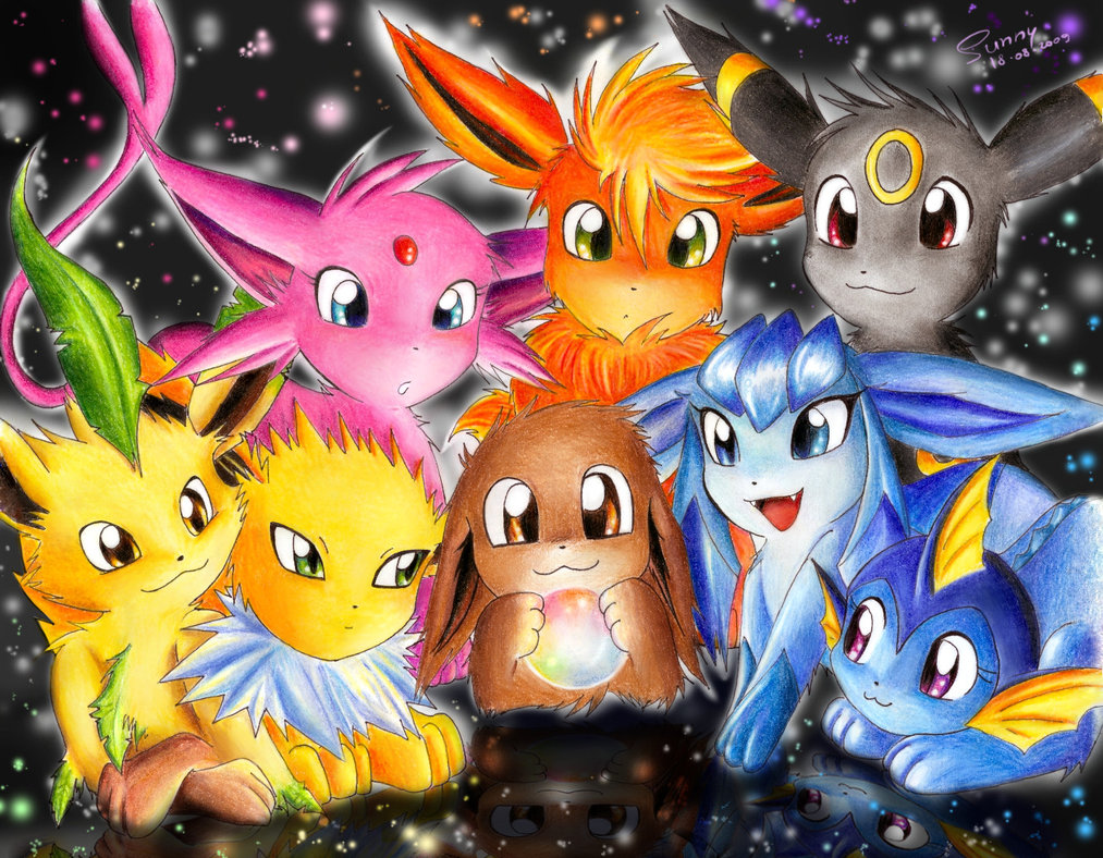 :3 ambiguous_gender ball black_fur black_nose blue_fur blue_skin brown_eyes canine eevee eeveelution espeon feral flareon fur glaceon green_fur group jolteon leafeon looking_at_viewer mammal nintendo open_mouth pok&eacute;mon purple_fur red_eyes red_fur reflection sunny_(artist) umbreon vaporeon video_games yellow_eyes yellow_fur